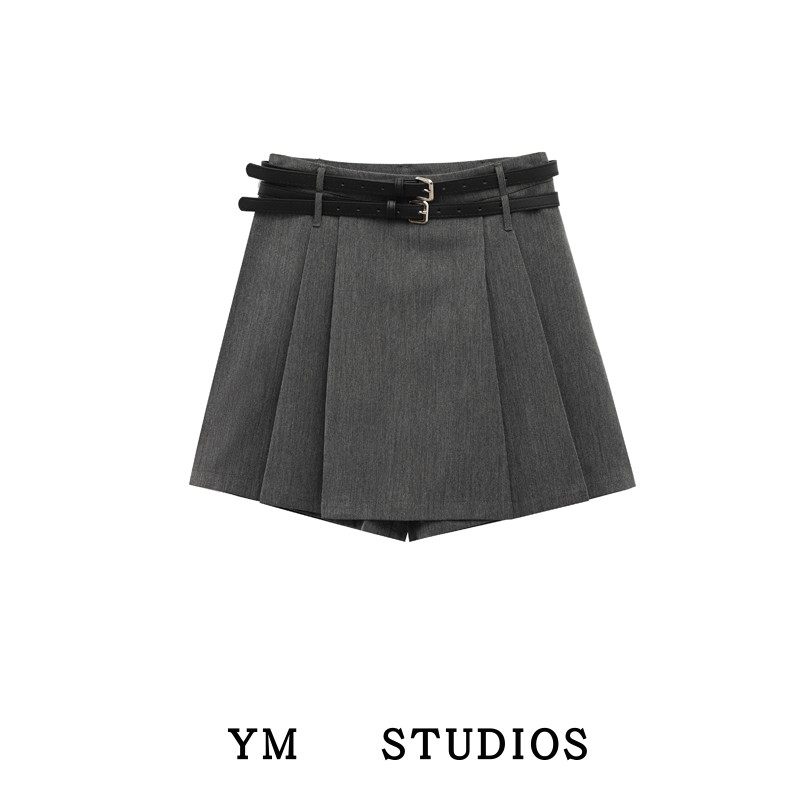 【包邮】美式复古灰色西装式双腰带百褶半身裙高腰气质裙裤女短裙