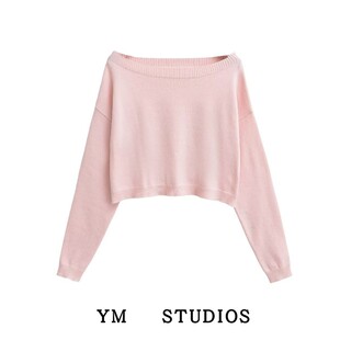 【包邮】元气少女一字肩露肩短款粉色针织衫露腰甜妹宽松减龄毛衣