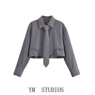 欧美女装    美式学院风带领带短款酷感衬衫女设计感翻领长袖外套