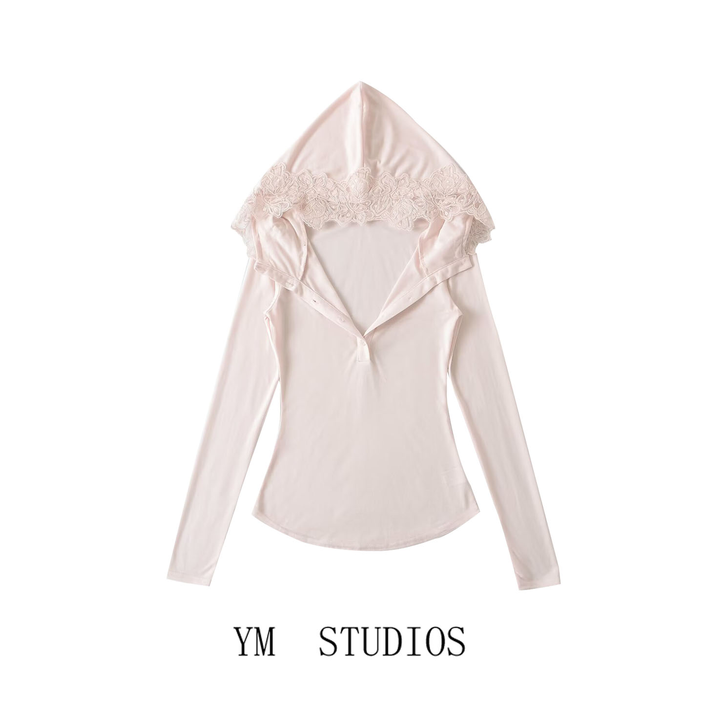 【包邮】莱赛尔面料蕾丝帽拼接长袖套头T恤女连帽修身空调衫轻薄