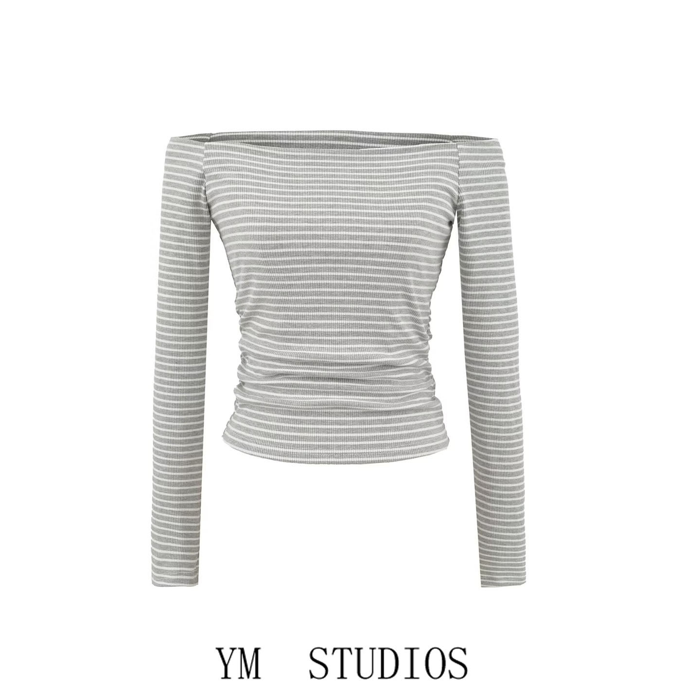 欧美女装  一字肩条纹长袖打底衫女ins修身小个子短款露肩T恤上衣