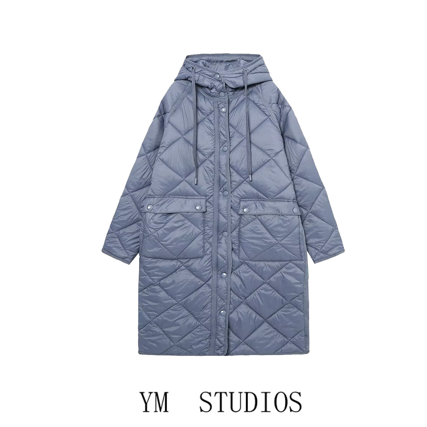 欧美女装   慵懒风连帽中长款菱格绗缝棉服宽松显瘦薄款棉衣外套