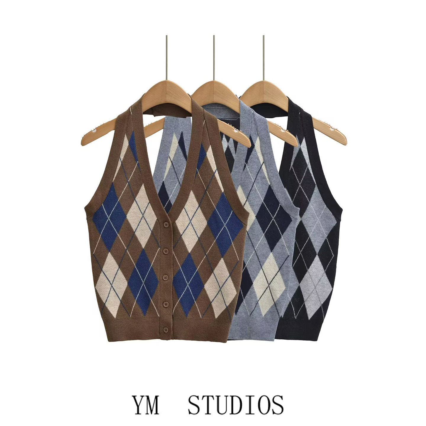 欧美女装   宋智雅同款复古菱格纹挂脖V领针织马甲女短款外穿背心