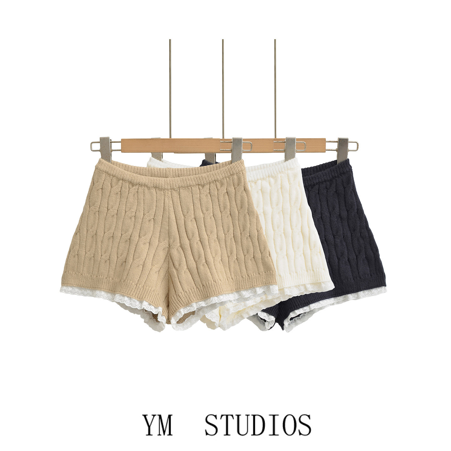 欧美女装    韩式休闲风蕾丝花边麻花针织短裤女高腰辣妹打底热裤