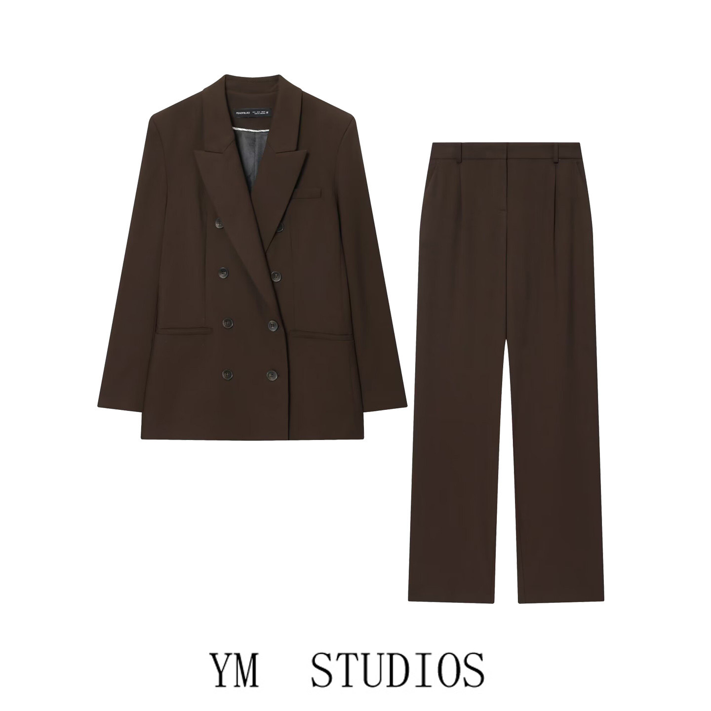 欧美女装   老钱风双排扣垫肩西装外套女春秋打褶干练职业裤套装