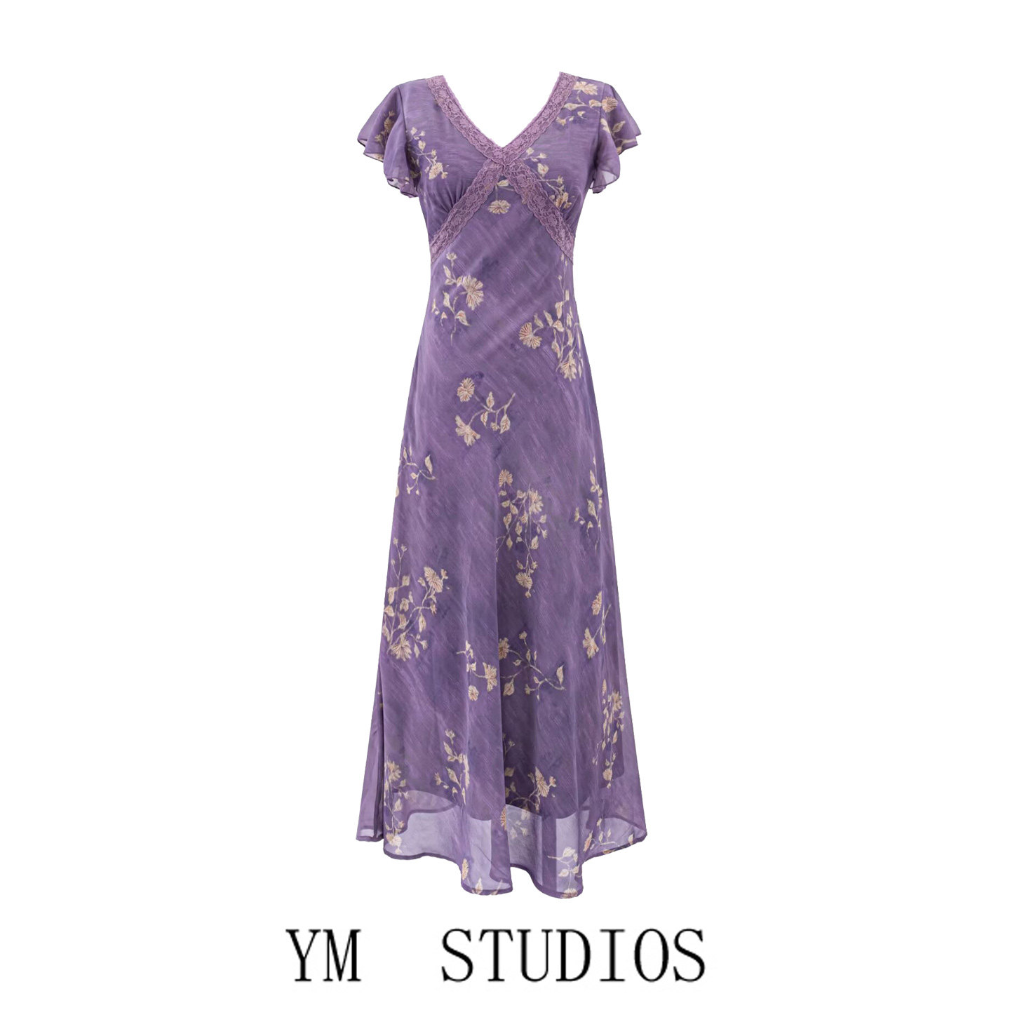 紫色碎花V领蕾丝小飞袖连衣裙