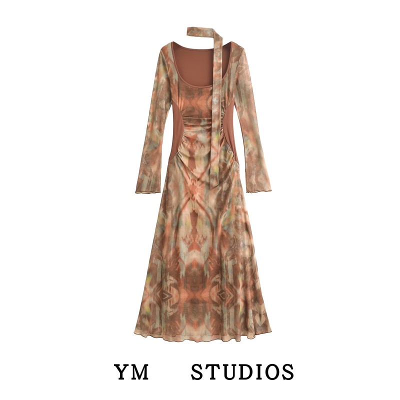 晕染网纱印花飘带U领长袖