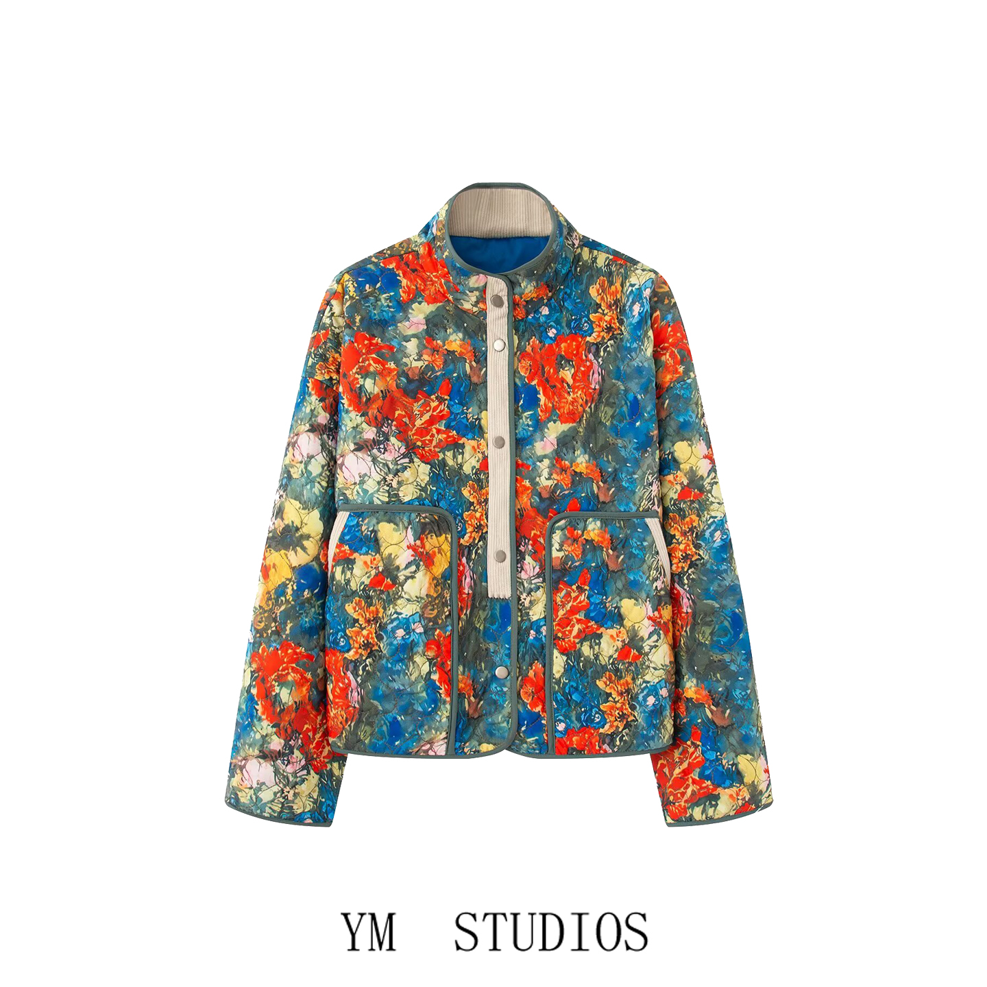 复古碎花立领绗棉单排扣棉服