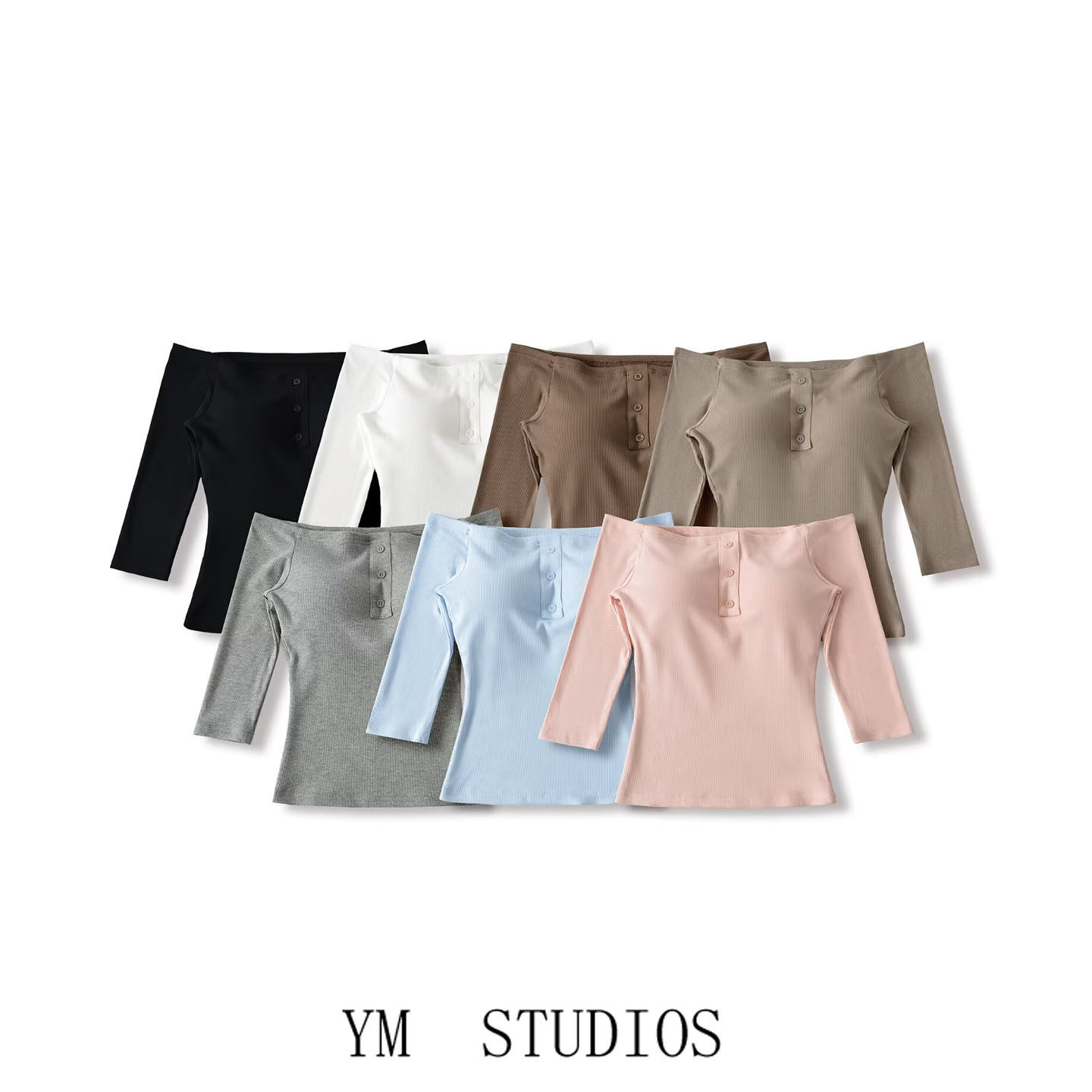 欧美女装    纯欲一字肩七分袖T恤女修身显身材带胸垫露肩小上衣