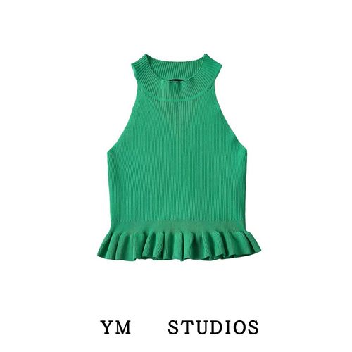 木耳边下摆无袖短款小众圆领