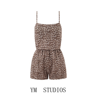 欧美女装   法式复古豹纹风无袖收腰吊带连体裤女高腰火辣短裤潮