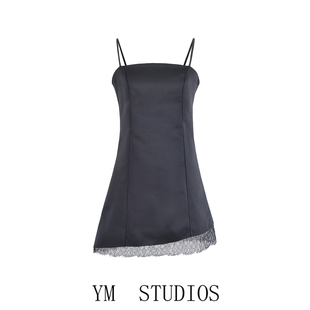 欧美女装   性感黑色蕾丝拼接迷你吊带裙斜边修身显瘦连衣裙短裙