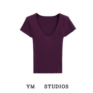 【包邮】美式高级感大v领针织短袖t恤女高弹修身紫色辣妹短款上衣