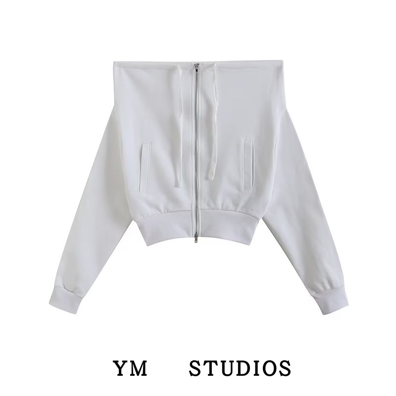 两穿一字肩拉链卫衣女设计感