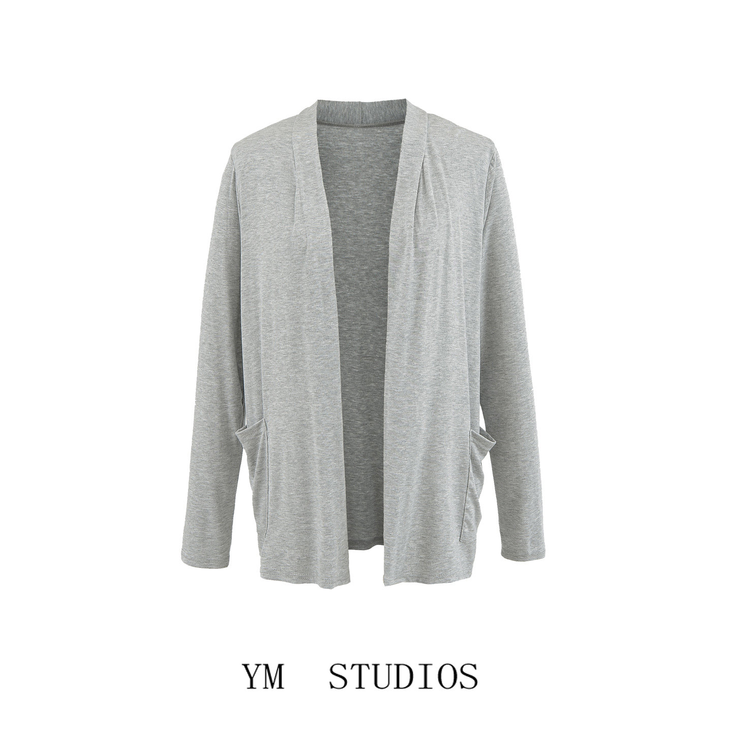 【包邮】慵懒风灰色口袋饰开衫长袖T恤女春秋宽松空调衫外搭外套