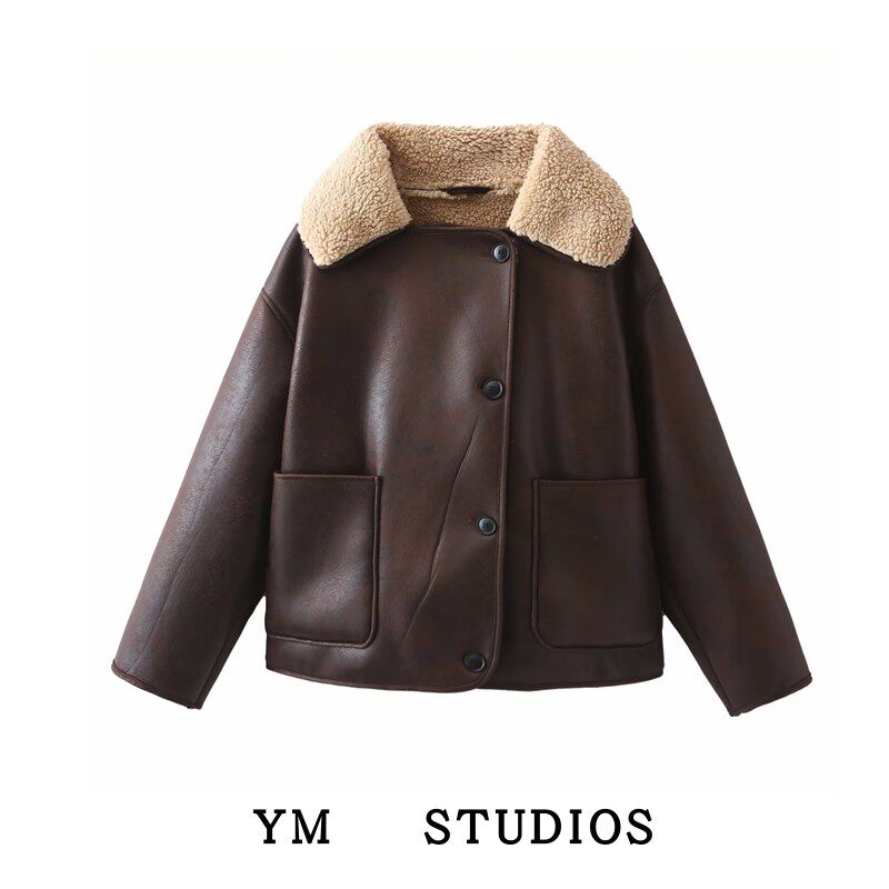 【包邮】美式复古加绒加绒皮毛一体挡风保暖皮衣宽松廓形棉服外套
