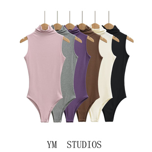 美式 短裤 高领无袖 辣妹背心打底衫 窄肩连裆连体衣女修身 欧美女装