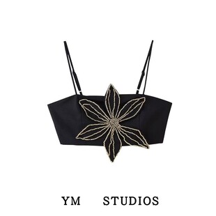 设计感重工立体串珠花朵饰黑色短上衣异域外搭背心吊带衫 包邮