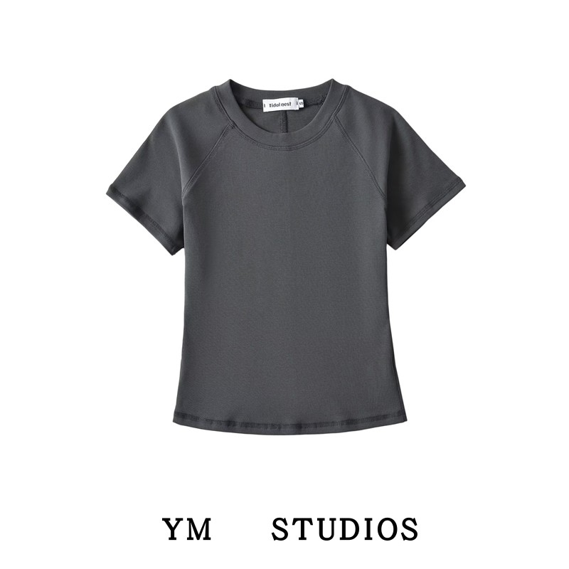 三针五线圆领T恤收腰修身短款