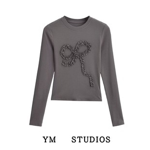 【包邮】元气少女氛围感立体捏褶蝴蝶结图案T恤女长袖正肩上衣秋