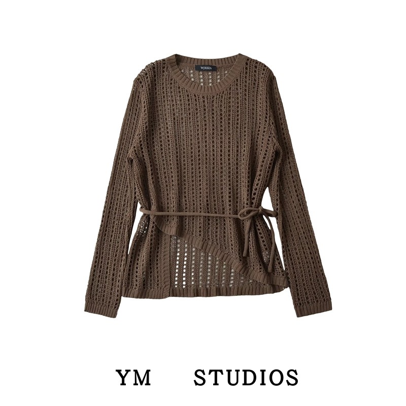 网眼镂空不规则腰带长袖针织衫