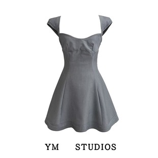 【包邮】高级感校园风灰色低胸迷你连衣裙后背气眼绑绳辣妹小短裙