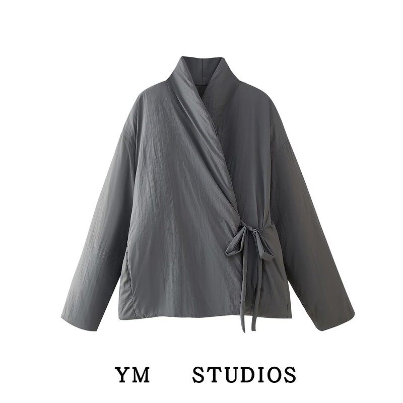 双襟交叉开衫系带灰色棉服