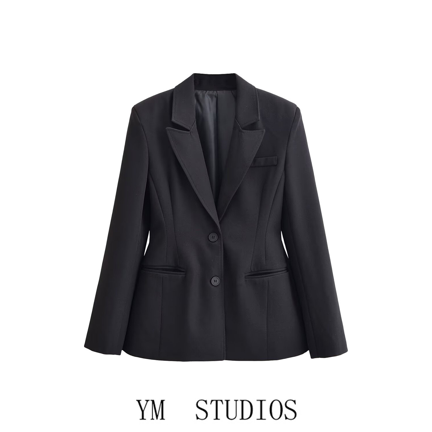 欧美女装   职场风黑色修身收腰西装外套女高级感正肩春季西服潮