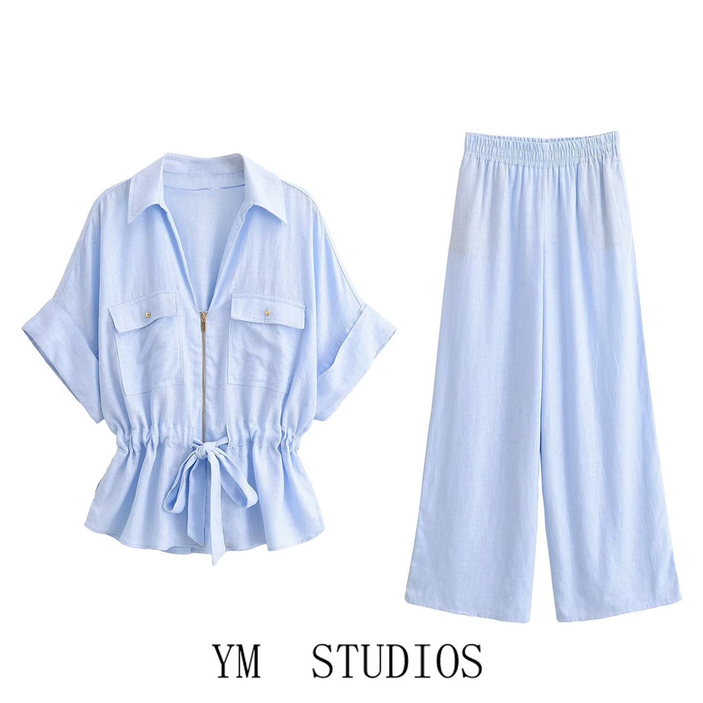 欧美风V领短袖收腰阔腿套装夏季