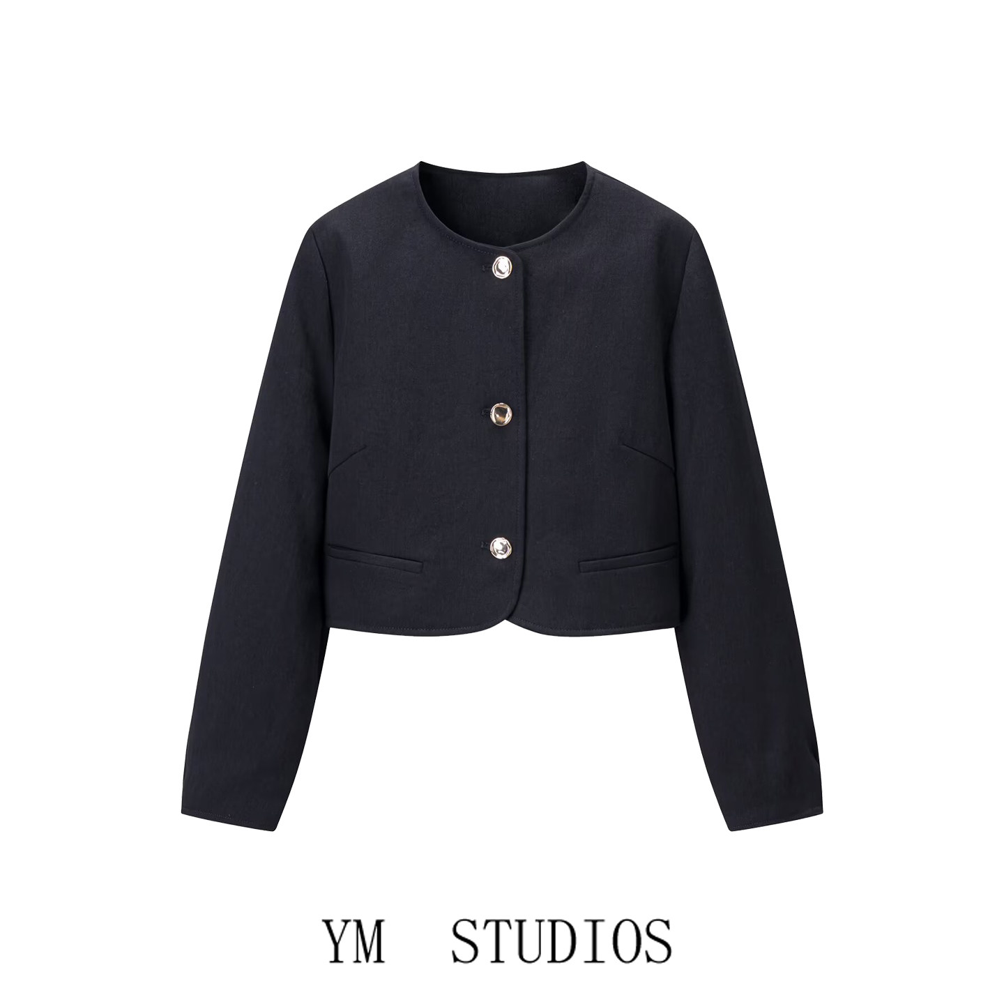 欧美女装   休闲风黑色短款女士小西装外套金色纽扣极简美式上衣