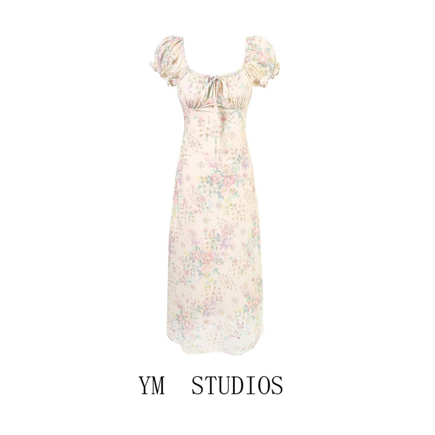 【包邮】法式复古方领镂空刺绣印花泡泡袖连衣裙温柔风修身长裙子