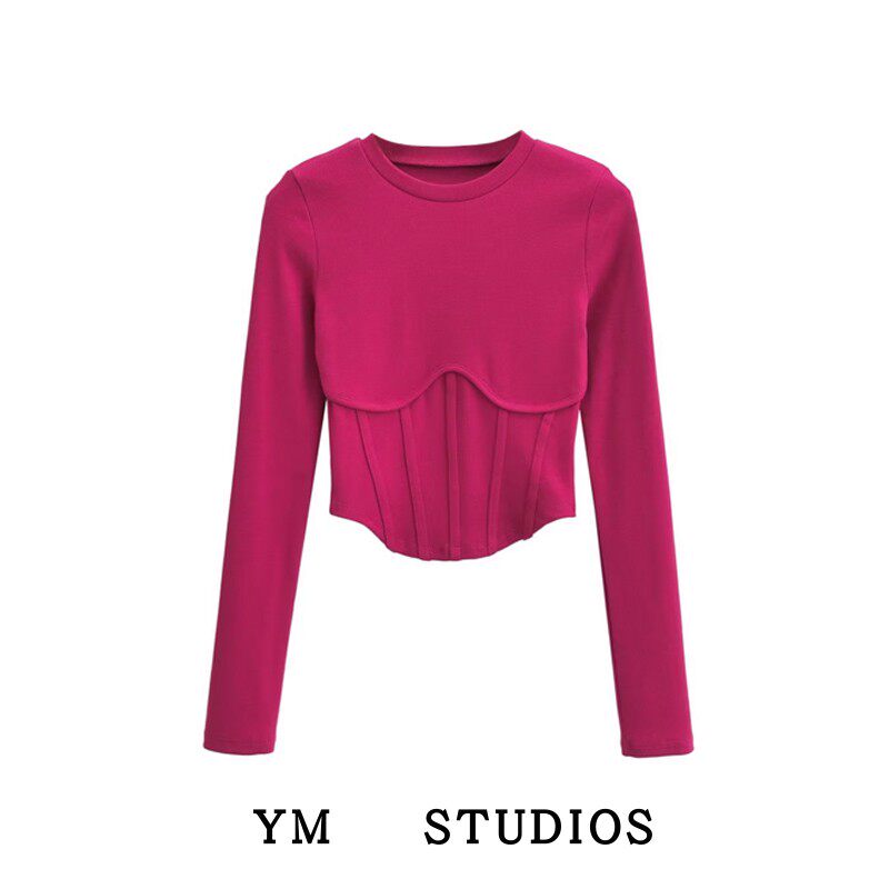 欧美女装  长袖鱼骨胸型设计t恤紧身螺纹棉短款套头打底衫上衣女