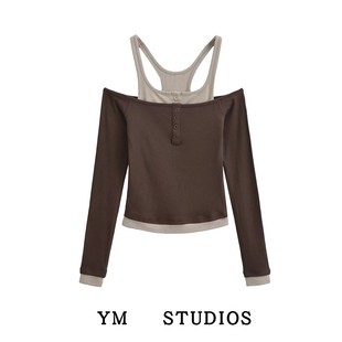 【包邮】美式复古假两件露肩辣妹T恤女长袖设计感纯欲内搭打底衫