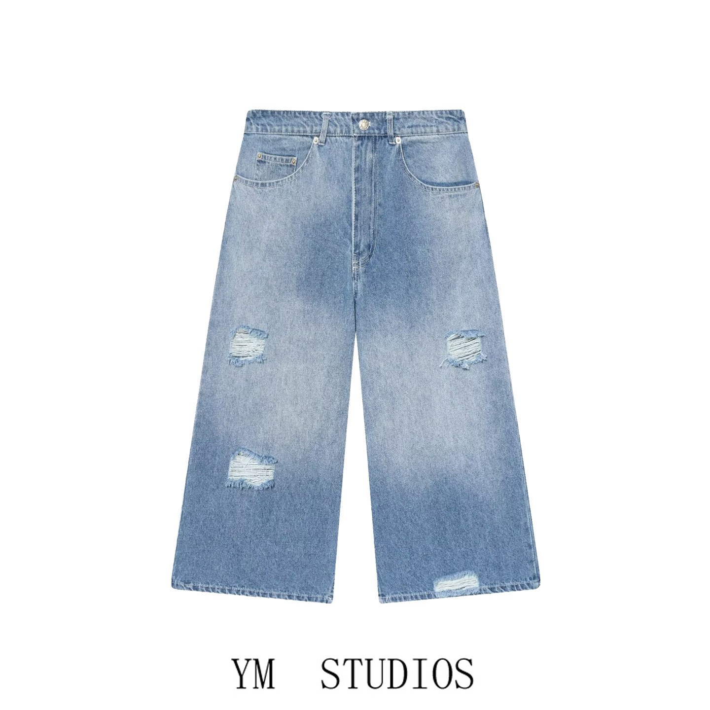 欧美女装   街拍时髦水洗破洞阔腿牛仔裤女宽松显瘦五分裤夏季潮