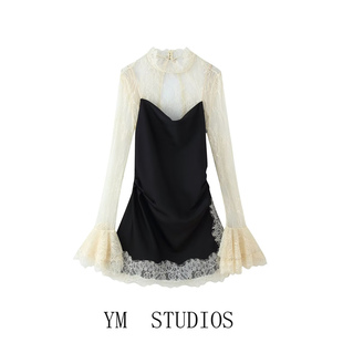 欧美女装   蕾丝拼接飘逸喇叭袖连衣裙火辣性感氛围感透视短裙子