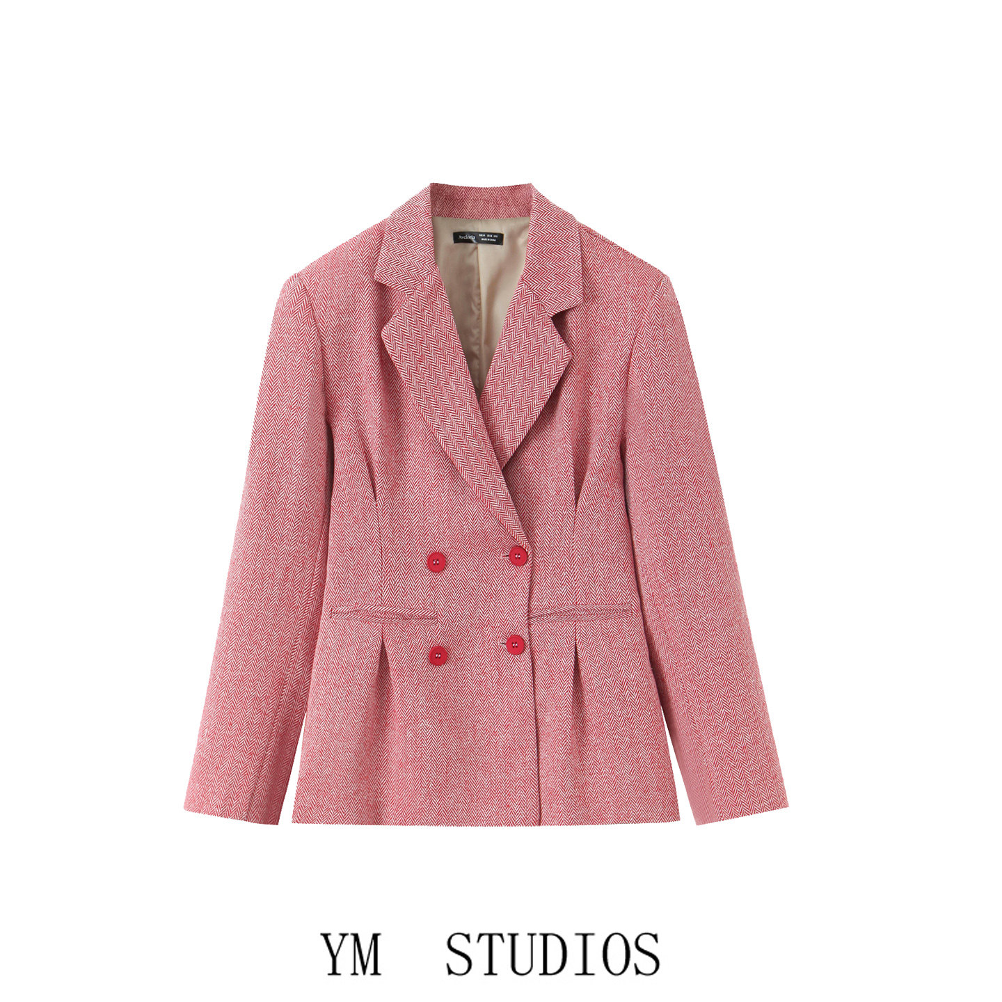 欧美女装   粉色双排扣人字斜纹呢西装外套女OL通勤高级感职业装