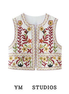 【包邮】异域风情复古重工彩色刺绣开衫背心古典风旅游工字马甲女