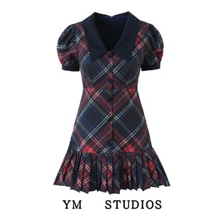 欧美女装  纯欲藏青色娃娃翻领格子连衣裙小众学院风学生百褶短裙