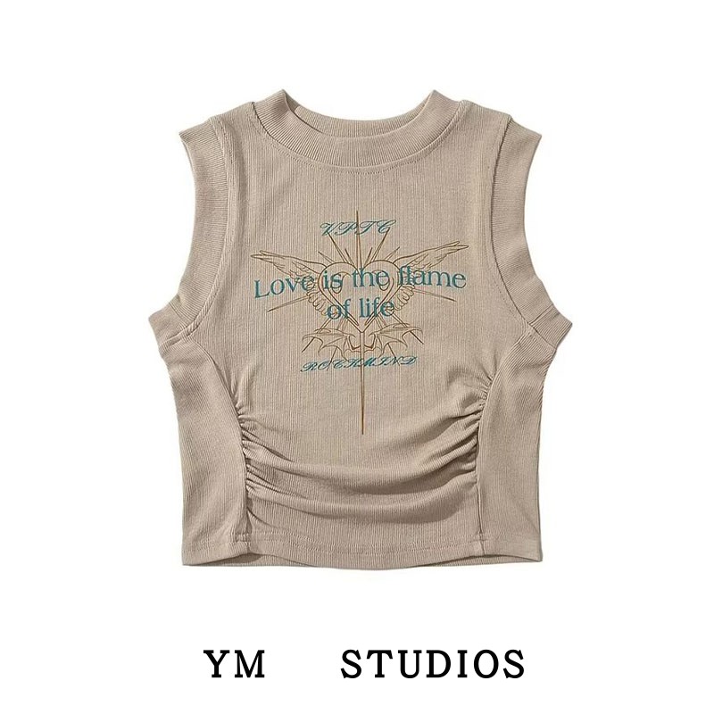 字母印花无袖露腰短款辣妹