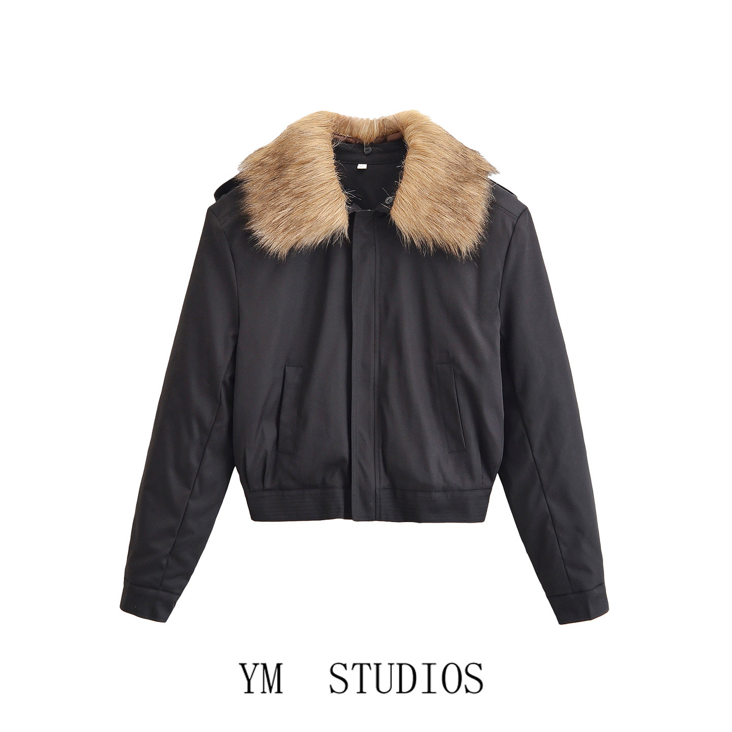 欧美女装  美式复古可拆卸大毛领收腰短款棉服夹克黑色休闲小棉袄