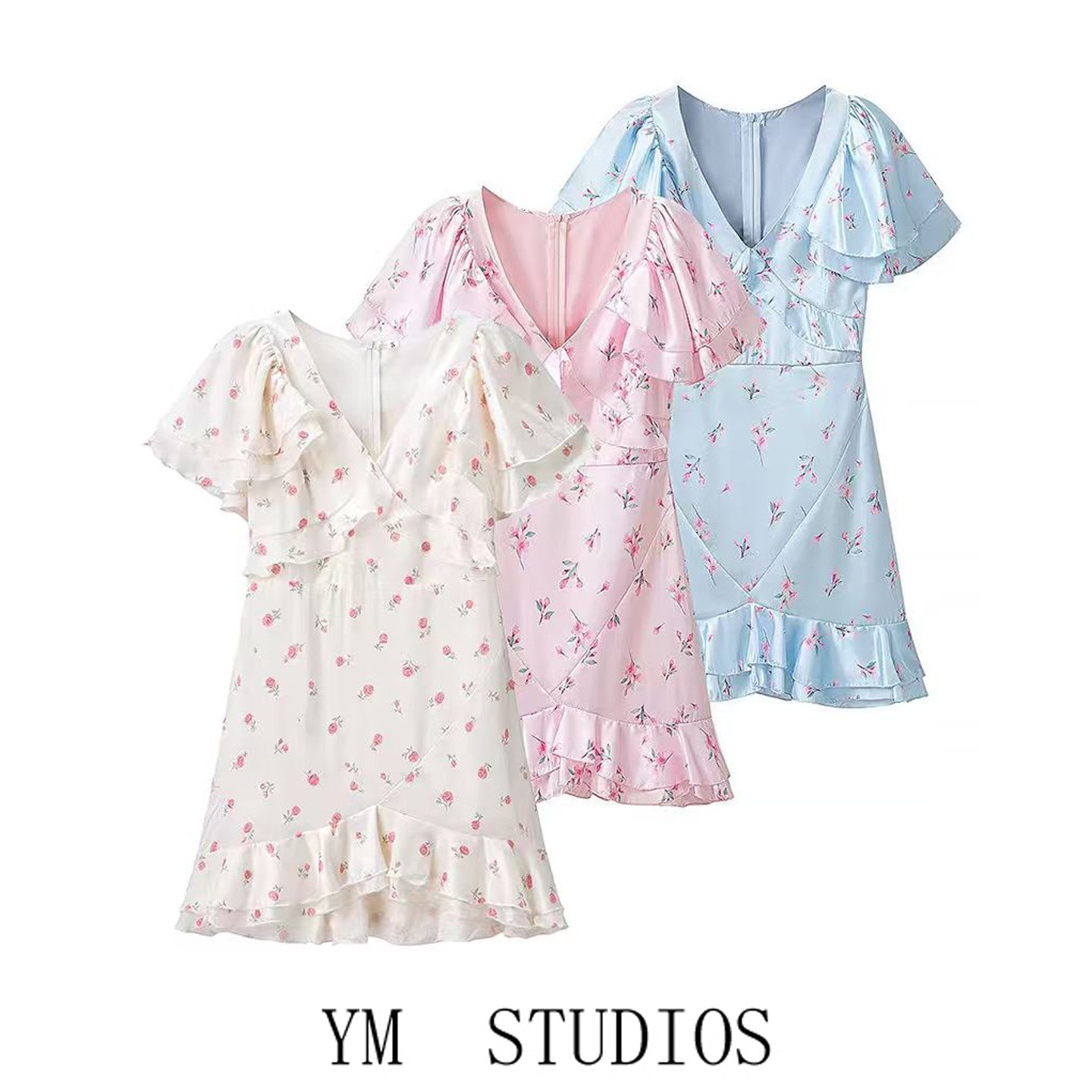 欧美V领碎花收腰迷你连衣裙