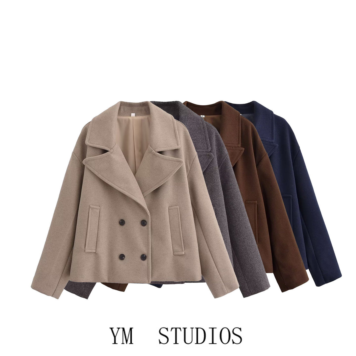 欧美女装   通勤双排扣毛呢短外套女西装翻领宽松慵懒风夹克大衣