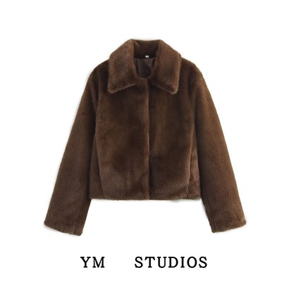 【包邮】棕色翻领加厚毛绒仿皮草外套高街美式环保短款冬季大衣女