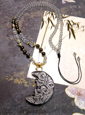 天然银曜石九尾狐狸梅花将军狐项链轻奢款狐牌珠链款男女礼物挂件