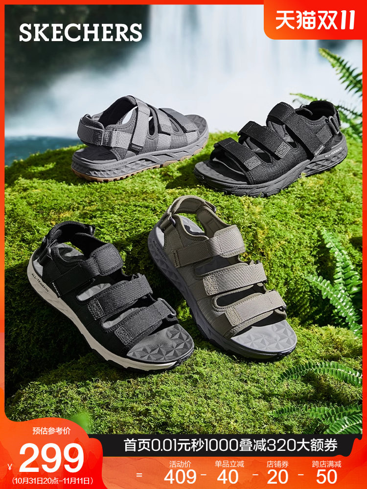 SKECHERS 여름 ??통기성 남성 신발은 편안하고 다양한 야외 캐주얼 벨크로 샌들 비치 신발입니다