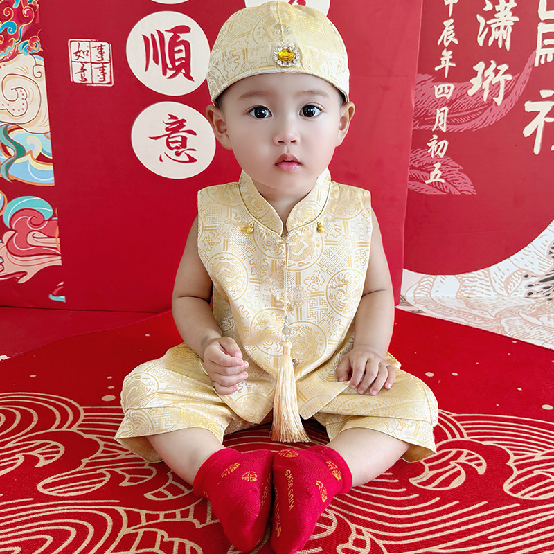 夏季宝宝周岁礼服新款儿童唐装婴儿百天生日抓周礼服男宝喜庆套装