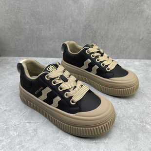 真皮小众复古百搭胖胖鞋饼干黑色复古可爱圆头大头鞋厚底板鞋女款