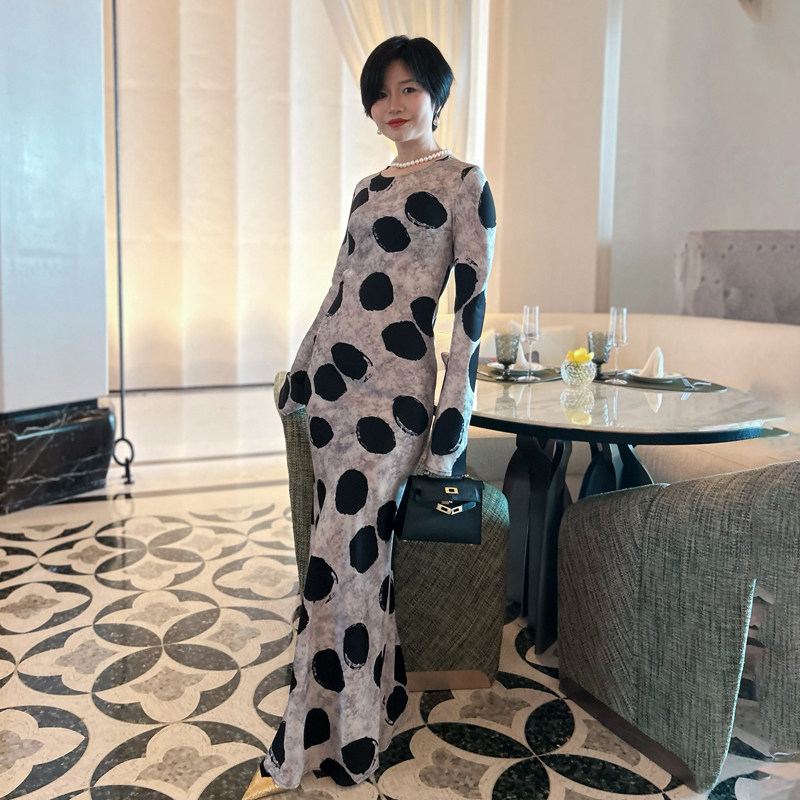 清仓特价醋酸纤维旗袍改良灰黑圆点长袖套头长款连衣裙