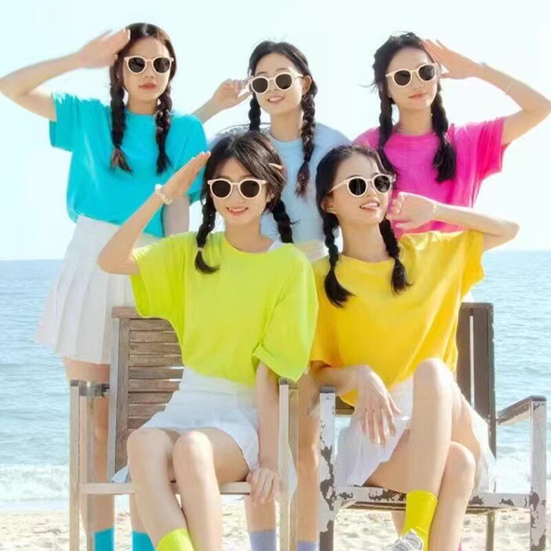 中学生运动会毕业照糖果色t恤夏班服演出服多巴胺彩色姐妹上衣服