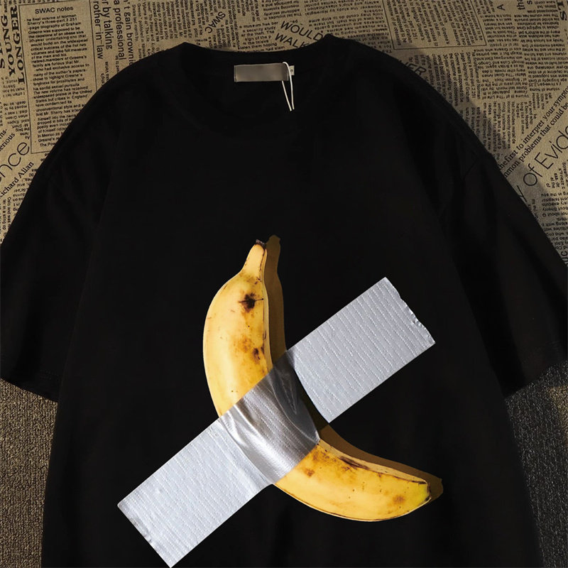 美式复古香蕉胶带纯棉短袖t恤男女夏2025宽松甜酷风潮牌半袖上衣